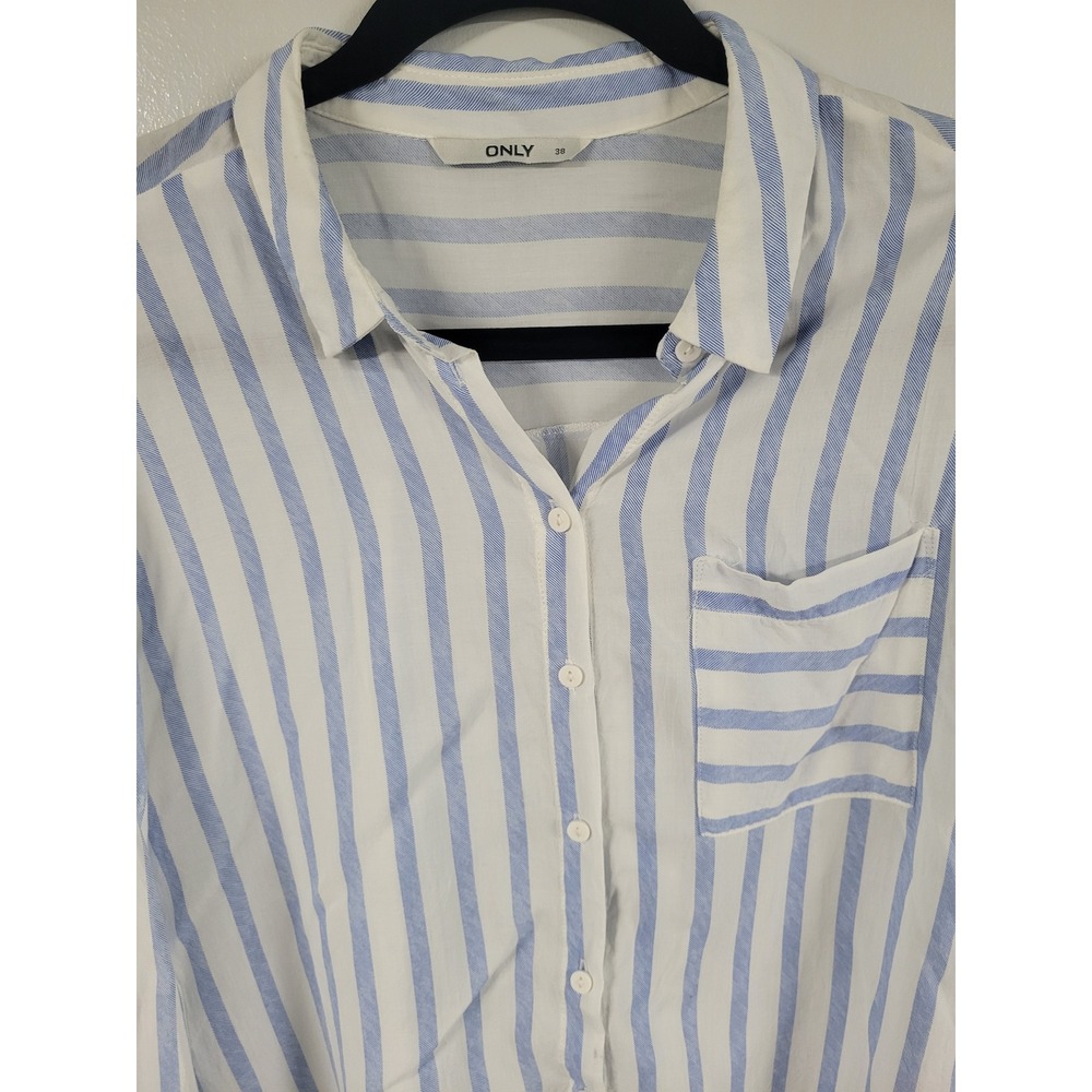 ONLY Women's Striped Button Down Shirt Long Sleeve Blue Pocket Top 38 (Medium)